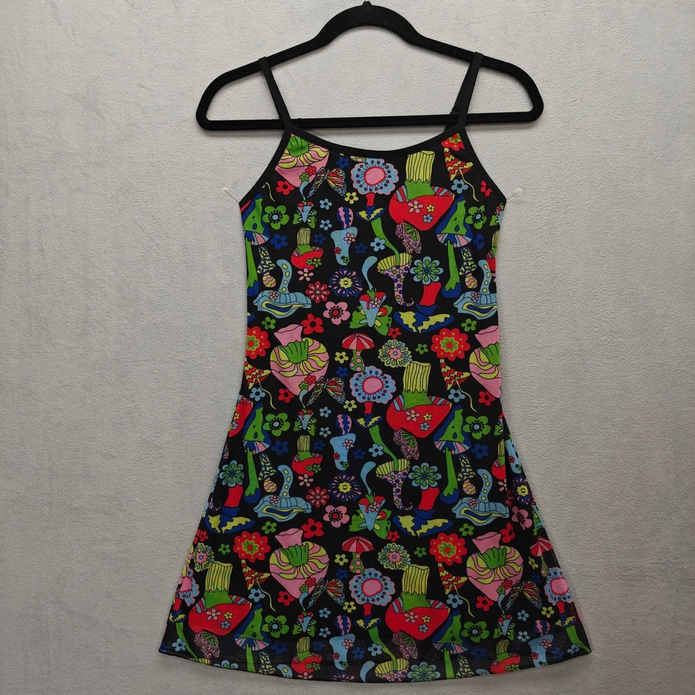 Psychedelic Mushroom Mesh Mini Dress Womens XS Rave Grunge 90s Festival Disco